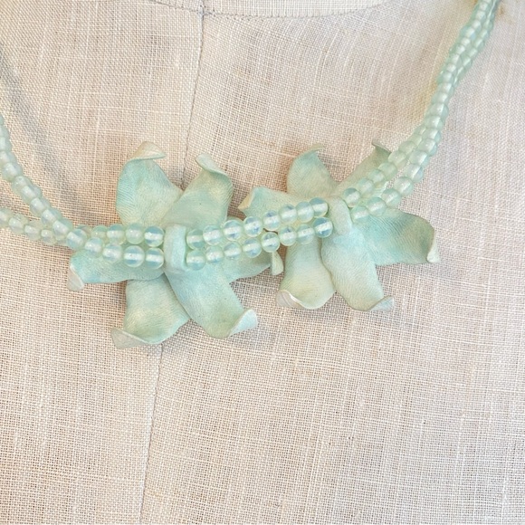 Light Sea Glass Green beaded Strands & Lilies with Faux Pearl Necklace - Picture 3 of 5